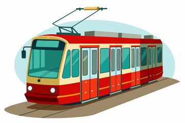 Naklejka premium Cartoon Illustration of a Red and Cream Tram on Tracks