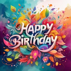 Realistic happy birthday vibrant lettering text poster; calligraphy and watercolor painting style