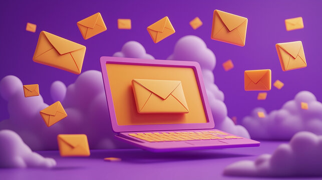 3d render of laptop with flying envelopes and letter, illustrating the concept of email marketing, Ai
