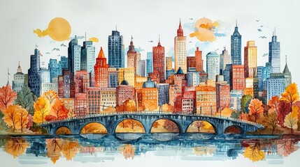 Obraz premium Watercolor interpretation of a cityscape connected by roads and bridges.