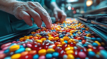 Hands sorting colorful pills on a pharmaceutical production line