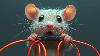 A tiny mouse with big eyes and a surprised expression holds onto a black cable with red cords wrapped around it. .