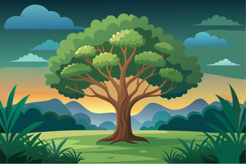 A Tall Tree Stands Alone in a Green Meadow at Sunset