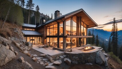 Modern mountain retreat with large windows, cozy interior, and panoramic views.