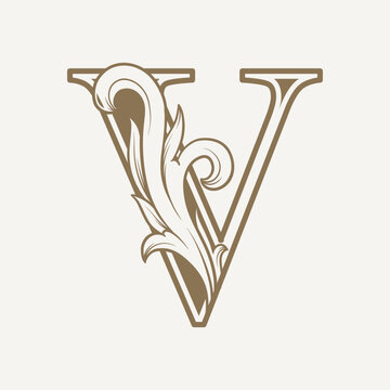 stylized fancy letter V with a leaf flower vintage ornament
