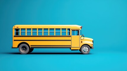 Bright yellow school bus isolated on a blue background, side view, symbolizing safe student transport and education
