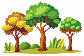 Three Cartoon Trees in a Green Meadow