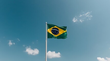 Brazilian flag waving proudly against a clear blue sky.
