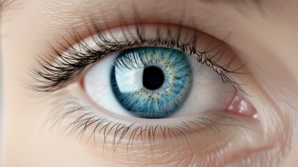 Close-up of a stunning blue eye showcasing intricate details of the iris and eyelashes, ideal for beauty and health themes.