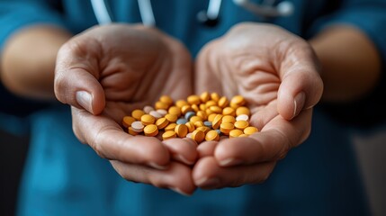 Hands sorting colorful pills on a pharmaceutical production line