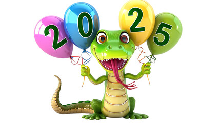A funny cartoon snake with big New Year 2025 ballons in its hands, an isolated background, AI-generated 