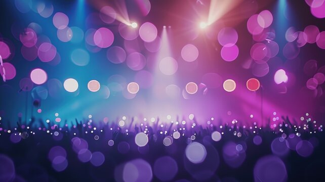 Colorful lights illuminate a lively concert scene with vibrant bokeh effects, creating a festive atmosphere filled with energy.
