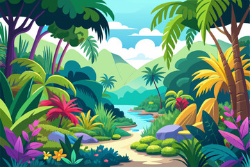 Fototapeta premium A Lush Tropical Rainforest Landscape with a Winding Path and a River