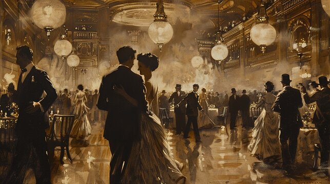 A couple dances in a grand ballroom, illuminated by glittering chandeliers, as guests mingle and celebrate.  The scene is full of warmth and elegance.