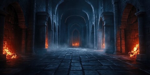 A dark room with fire and rubble in it