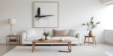 Fototapeta premium A minimalist living room with a white sofa, a wooden coffee table, and a white wall with framed artwork.
