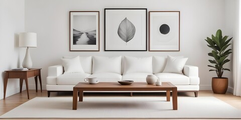 Fototapeta premium A minimalist living room with a white sofa, a wooden coffee table, and a white wall with framed artwork.