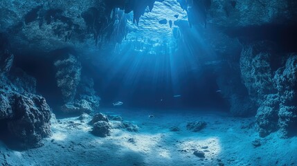 An underwater cave system, with tunnels leading into the darkness and marine life nearby.