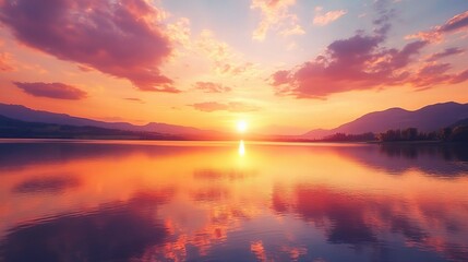 Obraz premium Golden Hour Serenity: A breathtaking sunset paints the sky with vibrant hues of orange and purple, casting a warm glow on a tranquil lake surrounded by majestic mountains.