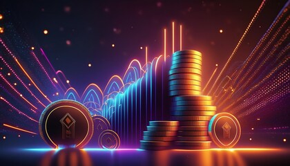 Colorful digital scene of rising coins and waves representing cryptocurrency and financial growth in a modern aesthetic.