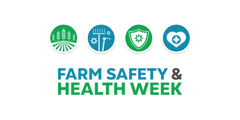 National Farm Safety & Health Week. Farm, tool, shield and heart. Great for cards, banners, posters, social media and more. White background.