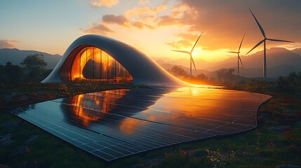  modern battery energy storage system with wind turbines and solar panel power plants in the background at sunset design 