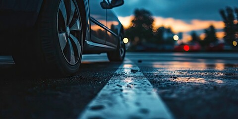 Close up view of car tire, white parking lot line in the background, following day at evening time,
