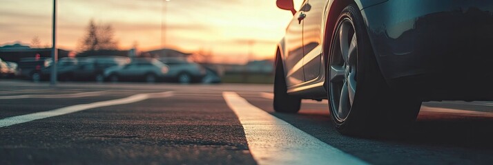Close up view of car tire, white parking lot line in the background, following day at evening time,