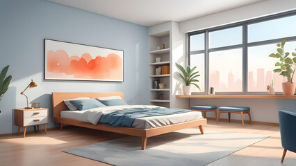 Fototapeta premium Bedroom illustration. This is a perspective drawing of a room with perspective in mind.