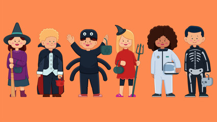 Isolated Vector of Children In Halloween Costumes.