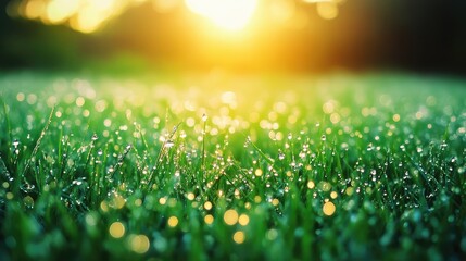 Obraz premium A field of dew-covered grass, with droplets creating a sparkling blanket across the ground.
