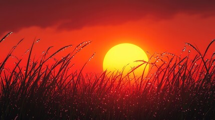 Early morning grass with dew drops, set against a backdrop of a rising sun.