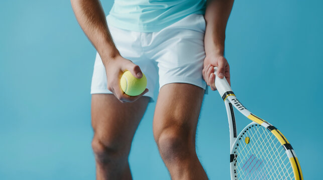 Partial view of sportive young man holding tennis racket and ball while playing on light blue