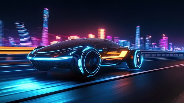 Futuristic car driving on the highway, with neon lights and city skyline in background