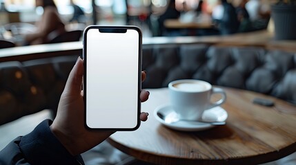 Mockup image blank white screen cell phone hand holding texting using mobile on desk at coffee shop. background empty space for advertise text.