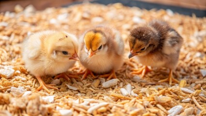 Three adorable baby chicks huddled together on a bed of straw, symbolizing new life, growth, innocence, and the fragility of life.