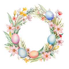 Springtime Easter Wreath With Colorful Eggs And Blooming Flowers In A Circular Arrangement