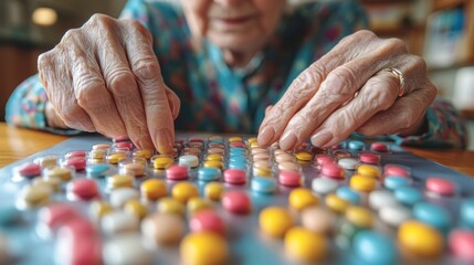 Elderly hands sorting colorful pills on a tray.