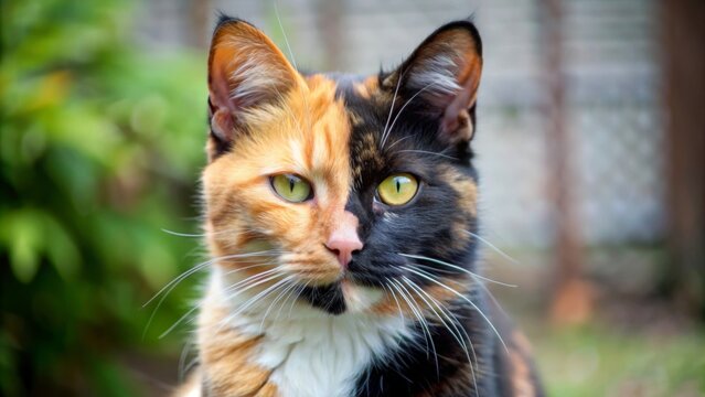 A captivating portrait of a calico cat with a unique split-face coloration, symbolizing duality, diversity, and the unexpected beauty of nature. Its piercing green eyes add intensity to the image.