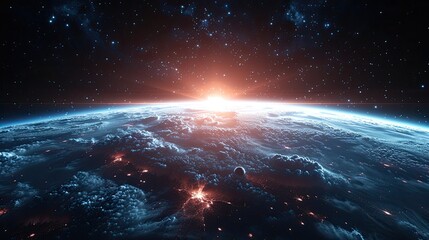 blue starry sky landscape at dusk against red sunset clouds background wide view of universe with stars  