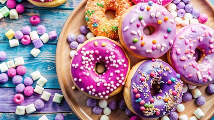 A delicious assortment of donuts with colorful sprinkles and candy, symbolizing sweetness, indulgence, celebration, and joy. The wooden background adds a rustic and natural element.