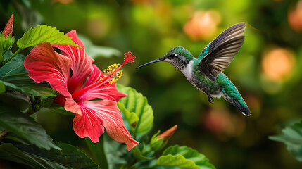 hummingbird with a long, thin beak, hovering in front of a bright red hibiscus flower