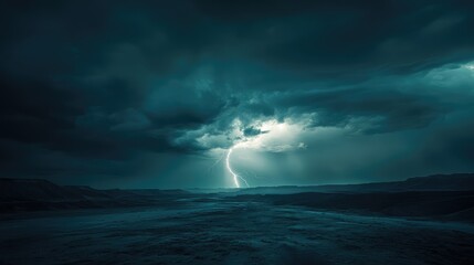 A dark, stormy sky looming over a vast, empty landscape, with a bright lightning strike.