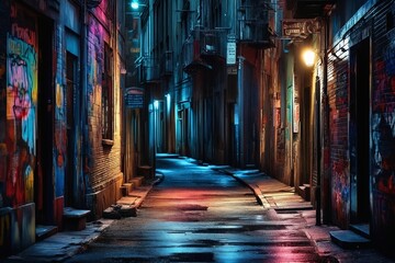 Fototapeta premium Nighttime City Alley with Graffiti
