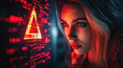 A woman's face is illuminated by a red warning symbol on a screen, her expression intense and focused.  The screen is filled with lines of code.  The scene evokes a feeling of technological danger.