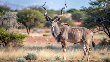Fototapeta premium A large kudu bull with impressive spiral horns stands confidently in a dry, grassy savanna. The animal's powerful build, intricate markings, and striking horns symbolize strength, resilience, and the 