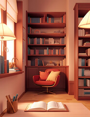 2D Flat-Style Illustration of a Cozy Reading Nook with a Comfortable Chair, Bookshelves, and a Warm Lamp, Set Against a Simple Background with Ample Copy Space