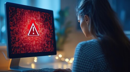 A woman sits in front of a computer screen displaying a red error message with an exclamation point. The error is a serious problem.
