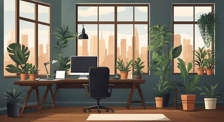 2D Flat-Style Illustration of a Modern Workspace with a Desk, Computer, and Plants, Featuring Clean Lines and Ample Copy Space for Custom Designs