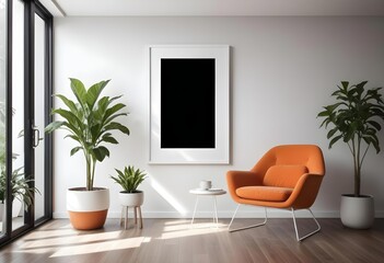 Fototapeta premium A modern living room with a large white frame on the wall, an orange armchair, and a potted plant.